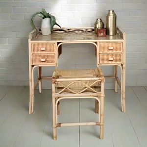 Antique style natural rattan dressing tables wholesale wicker <b>makeup</b> <b>vanity</b> table & chair set for girls - Product Image 2