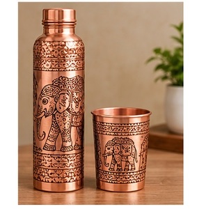Juego de Botella y Taza de Agua de Cobre con Diseño de Elefante Grabado, Estilo Oriental, Ecológico - Product Image 1