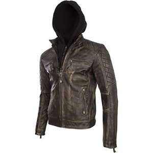 Veste de motard vintage en cuir véritable pour homme avec capuche amovible - Product Image 2