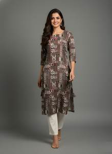 Womens Brown Printed Cotton Straight Kurti with Round Neck and <b>Three</b> Quarter Sleeves for Regular Daily Wear Office Wear Ethnic - Product Image 2