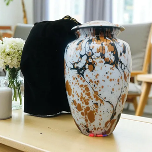 White Splatter Cremation Urn Metal Ashes Vessel Adult <b>Memorial</b> <b>Keepsake</b> Jar with Velvet Cover - Product Image 1