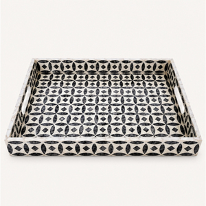 Wholesale Geometric <b>Decorative</b> Tray Black and White <b>Moroccan</b> Bone Inlay Coffee Table Ottoman Tray with Cutout Handles - Product Image 1