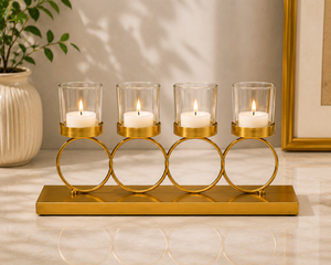Premium Gold Tealight Candle Holder with Glass <b>Cups</b> – Modern Table Centerpiece 4-Candle Tealight Holder for Living Room & Dining - Product Image 1