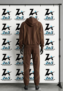 Men's Brown Hooded Tracksuit Full Zip Sweatshirt Pants Set Casual Loose Fit Solid Color Polyester Autumn Wear Sweatsuit Set - Product Image 5