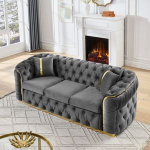 Divano Chesterfield di Lusso da 90,6 Pollici, Set Divano a 3 Posti in Velluto con Bottoni Trapuntati e 2 Accessori in Acciaio Inossidabile Dorato per Soggiorno - Product Image 3