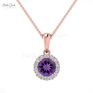 Luxury Prong-Set 4mm Amethyst & Diamond Halo <b>Pendant</b> 14k <b>Solid</b> <b>Gold</b> Charm <b>Pendant</b> Necklace Double Birthstone Gift for Her - Product Image 1