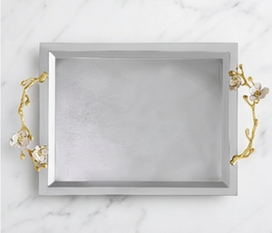 Plateau de service en métal ACME de qualité supérieure, argenté, avec poignée florale en métal poli, style minimaliste, pour usage résidentiel, événements de mariage, restaurants - Product Image 2