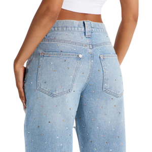 Women's Light Blue Rhinestone <b>Studded</b> Distressed Straight-Leg Jeans Casual Loose Fit Mid Waist Denim Pants - Product Image 4