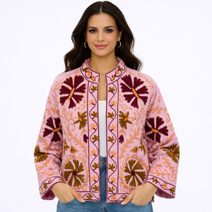 Floral Embroidered Pink <b>Jacket</b> Stand Collar Lantern Sleeve Boho Chic Style Women's Outerwear Spring Season - Product Image 1