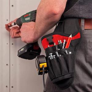 Portable Heavy Duty Black Tool Bag With Red Drill Holster And Bit Pockets For Electrician Canvas Pouch Technician Use - Product Image 2