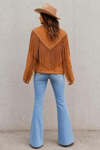 Wholesale Womens Brown Leather Fringed <b>Jacket</b> with Gold Studs Western Style Crop <b>Biker</b> <b>Jacket</b> Outerwear Supplier - Product Image 2