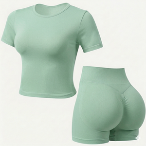 Fitness wear light wear Custom Womens Seamless light green Yoga Set Short Sleeve Fitness Top High Waist Scrunch Shorts Gym Yoga - Product Image 1