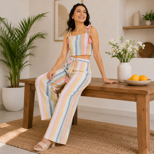 Ensemble deux pièces haut court sans manches à col halter et volants en coton uni de qualité supérieure pour femme, avec pantalon large à franges, style bohème printemps-été - Product Image 5