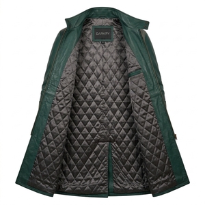 Gabardina de Cuero Genuino Verde Esmeralda para Hombre con Paneles Grises Personalizados, Cuello con Banda Curva y Cremallera Central, Proveedor de Prendas de Abrigo - Product Image 5