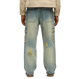 Jeans Cargo Azul Claro para Hombre, Corte Regular, Desgastados, con Parches y Bolsillos, Estilo Urbano Informal, Holgados, 100% Algodón, Color Sólido - Product Image 2