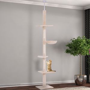 Albero per Gatti Verticale Beige da 2,6 m, Altezza Regolabile da Pavimento a Soffitto, 5 Piattaforme Tappetinate, 3 Aree di Tiraggio in Corda di Sisal, per Arrampicata Gatti - Product Image 2
