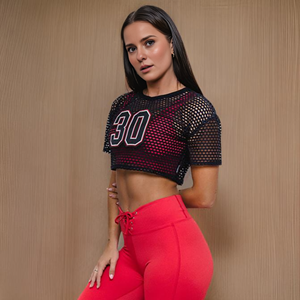 Top corto de malla para mujer con estampado de números, manga corta, transpirable, de poliéster, deportivo, informal, estilo urbano - Product Image 3