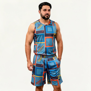 Conjunto de camiseta sin mangas y pantalones cortos con estampado geométrico para hombre, cuello redondo, tejido de poliéster, transpirable, informal, para verano - Product Image 1