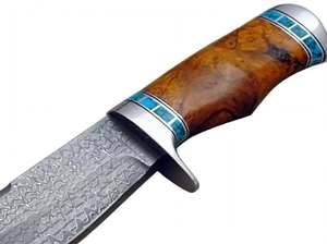Herramienta Utilitaria de Hoja Fija para Exteriores de Acero de Damasco Hecha a Mano con Mango de Madera de Burl Estabilizada y Piedra Turquesa - Product Image 4