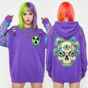 Sudadera con capucha extragrande de 350GSM, morado oscuro, con lavado ácido, bajo con borde sin rematar en zigzag personalizado, gráfico de calavera llorona y flores, proveedor de marca - Product Image 4