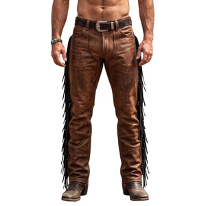 Pantalones de Cuero Marrón para Hombre, con Flecos Negros, Estilo Vaquero Occidental, Hechos a Mano y Personalizados - Product Image 1