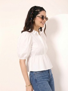 Camisas de Cuello Redondo de Algodón para Mujer, Primavera-Verano, Mangas Abullonadas, Nuevo Diseño, Blusas Holgadas con Peplum, Camisa Informal para Oficina - Product Image 2