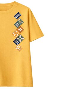 Camiseta de Mujer Amarillo Mostaza Personalizada con Bordado de Patchwork, Cuello Redondo, Algodón Suave, Manga Corta, Informal, Ligera, para Verano - Product Image 5