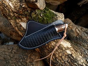 MAYSARA IMPEX Copper Damascus Steel Cowboy Hunting Knife Camping Knife with <b>Leather</b> Sheath & Stag Antler Handle - Product Image 5