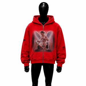 Sweat à capuche zippé RED ANGEL GRAPHIC, style streetwear, imprimé décontracté pour l'automne, effet vieilli, moderne, tendance, avec motifs artistiques rouges - Product Image 1