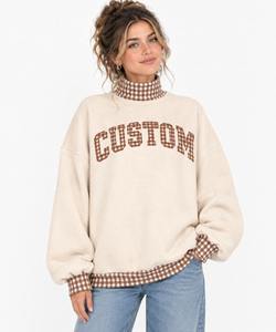 Sudadera Oversize Rosa de Forro Polar para Mujer con Cuello Alto a Cuadros y Puños y Dobladillo, Ropa Personalizada de Marca Privada - Product Image 3