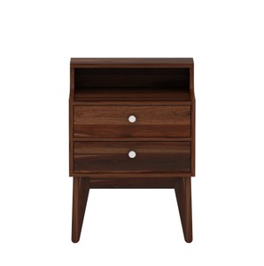 Modern Wood Nightstand With 2 Drawers And Open <b>Shelf</b> Storage Bedroom Furniture Midcentury Design - Product Image 2