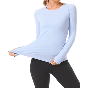 Haut de yoga pour femme de qualité supérieure, bleu clair, manches longues, col rond, couleur unie, respirant, vêtement de sport, coupe régulière, longueur complète - Product Image 4