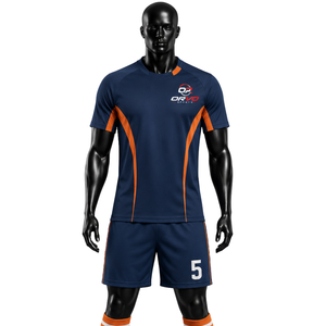 Ensemble maillot et short de football ORVO Sports pour homme, bleu et jaune, avec logo personnalisé, manches courtes, col en V, polyester, modèle OR-SOCCER-104 - Product Image 1