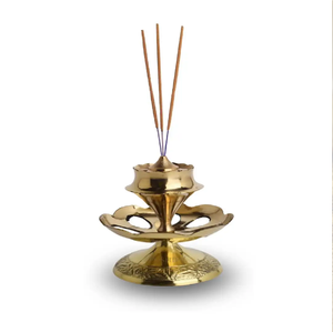 Polished brass multi-tier lotus incense stick holder stand for home <b>mandir</b>, available at wholesale prices. - Product Image 1