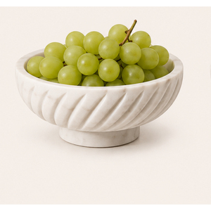 Bol sur piédestal en marbre blanc de luxe, fait main, à bord cannelé festonné, plat à fruits décoratif en pierre, moderne, côtelé, vente en gros - Product Image 6
