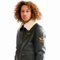 Blouson aviateur vintage en cuir véritable pour homme avec col en fourrure de mouton amovible et patchs brodés