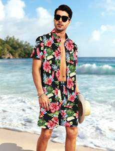 Ensemble de vacances pour hommes : Chemise à manches courtes imprimé feuilles tropicales et short de plage assorti – Tenue décontractée estivale colorée pour hommes - Product Image 6