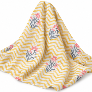 Tela de Algodón Voile Ligera Estampada a Mano Pinksa, Hilo Peinado, 43/44" de Ancho, Rajasthan, Hilo 60S60S, Amarillo Azul - Product Image 2