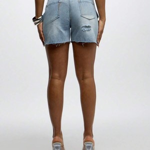 Shorts de Mezclilla de Cintura Alta para Mujer, 300 g, Lavado Claro, Estilo Vintage, Corte Regular, Casual, Verano - Product Image 4