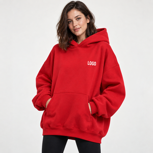 Women's Oversized <b>Red</b> <b>Hoodie</b> With Front Logo Print Drop-Shoulder Fleece Sweatshirt Long Length Autumn Wear - Product Image 5
