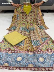 Best Quality Crepe with Ajrakh Print & Real <b>Mirror</b> work Long & A-Line Shirt-Collar Kurti-<b>Plain</b> Plazzo Pair Indian Supplier - Product Image 4