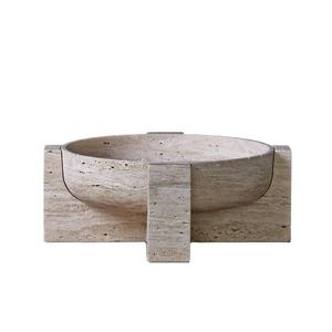 Cuenco decorativo de piedra travertino Con base, centro de mesa de piedra natural de lujo, diseño moderno hecho a mano, cuenco atemporal para servir frutas - Product Image 1