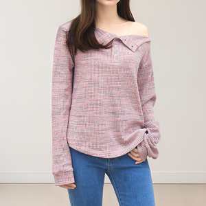 Haut en tricot pour femme à col Peter Pan, épaules dénudées, manches longues, design asymétrique, décontracté, automne, couleur unie, coton, fibre de bambou - Product Image 4