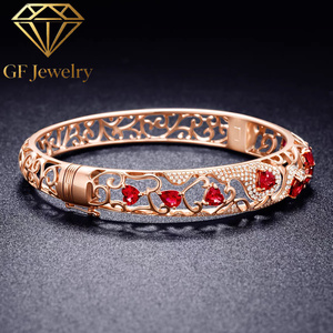 Victorian Openwork Hollow Bangle <b>Bracelet</b> lab Heart‑Cut <b>Ruby</b> With Pave Diamond Accents 18K Rose Gold Vintage Luxury Fine Jewelry - Product Image 3