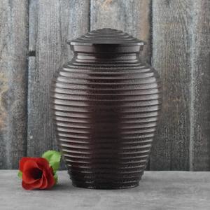 Wholesale Luxury Dark Brown Metal Cremation Urn Bulk <b>Memorial</b> Jar with Elegant Horizontal Ring Design and Textured Finish - Product Image 1