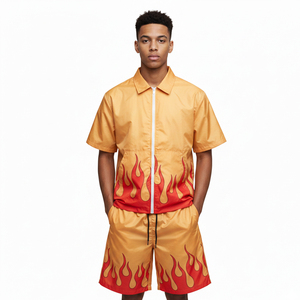 Men's Color Blocking Print Short Sleeve <b>Shirt</b> Shorts Set Air-layer Fabric Breathable 100% Cotton Street Style Summer Wear - Product Image 1
