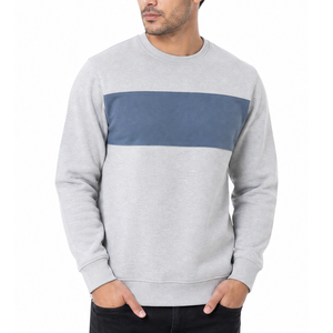 Custom <b>Men's</b> Light <b>Grey</b> Heather & Steel Blue Chest Stripe Color Block Crewneck <b>Sweatshirt</b> Pullover - Product Image 1