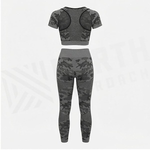North Approach 2 Piece Yoga Set Camouflage Print High Waist Full Length <b>Leggings</b> <b>Crop</b> Top Short Sleeve Scoop Neck Racerback - Product Image 2