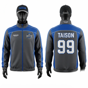 Premium Polyester Ice Hockey Training <b>Jacket</b> 330 GSM Hooded Fleece <b>Waterproof</b> Custom Logo Blue <b>Grey</b> Panel Sportswear Unisex - Product Image 1