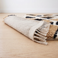 Black Camel Ivory Abstract Geometric Terrazzo-Inspired Rug 100% New Zealand Wool Shag Carpet High/Low Texture Fringe Washable